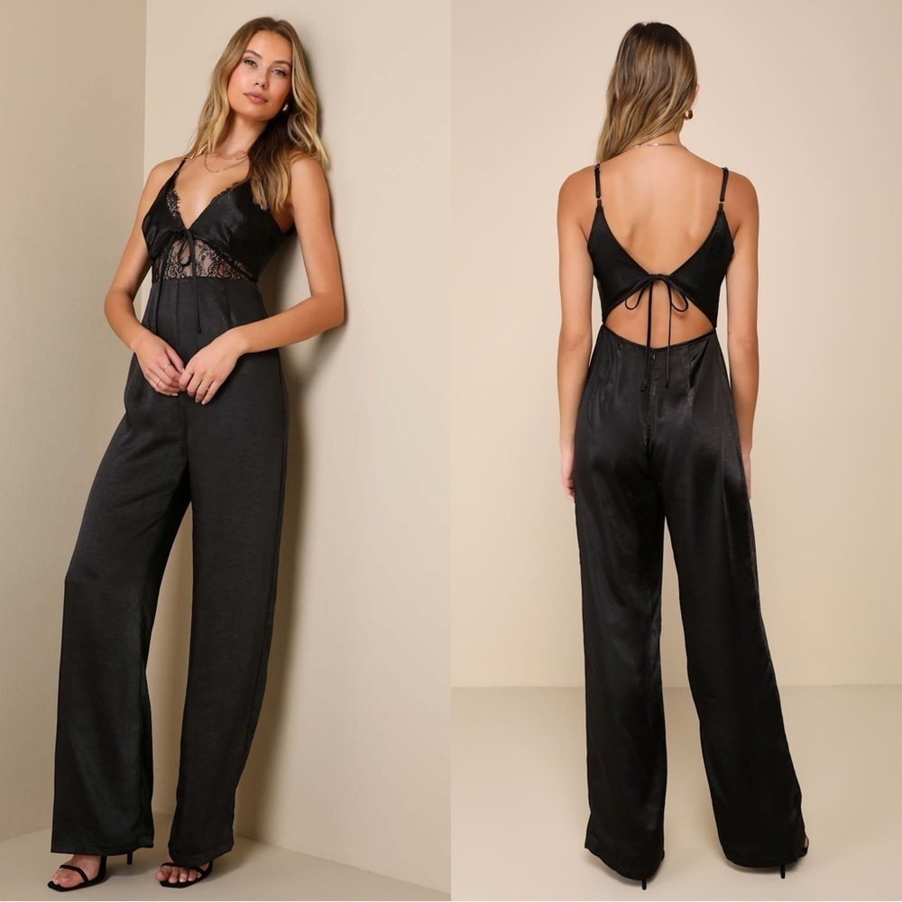 Size M‎ - Lulus Undeniable Passion Black Satin Lace Tie-Front Cutout Jumpsuit